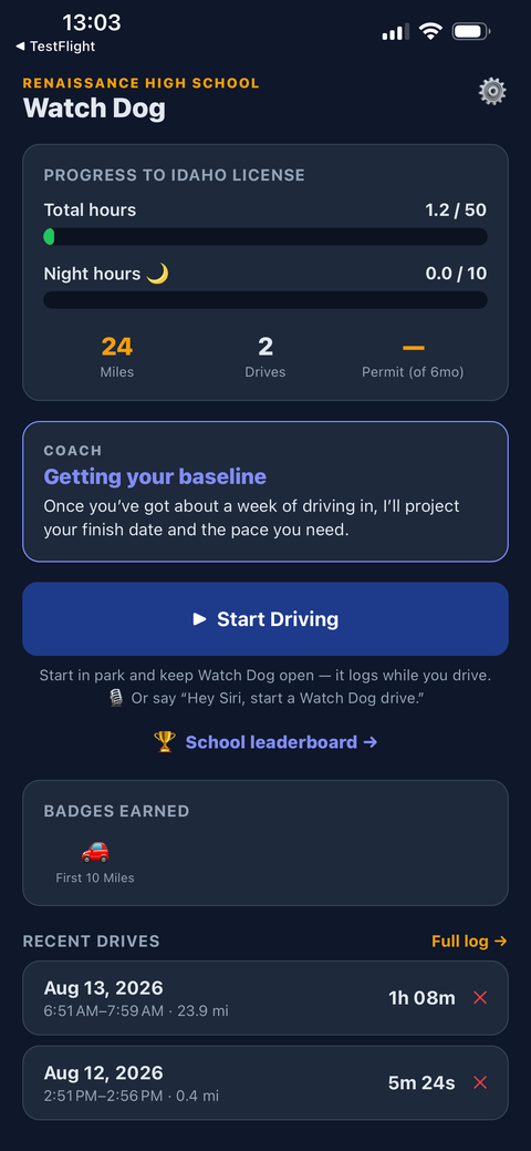 Watch Dog home screen: progress to an Idaho license with total and night hours, miles, and recent drives