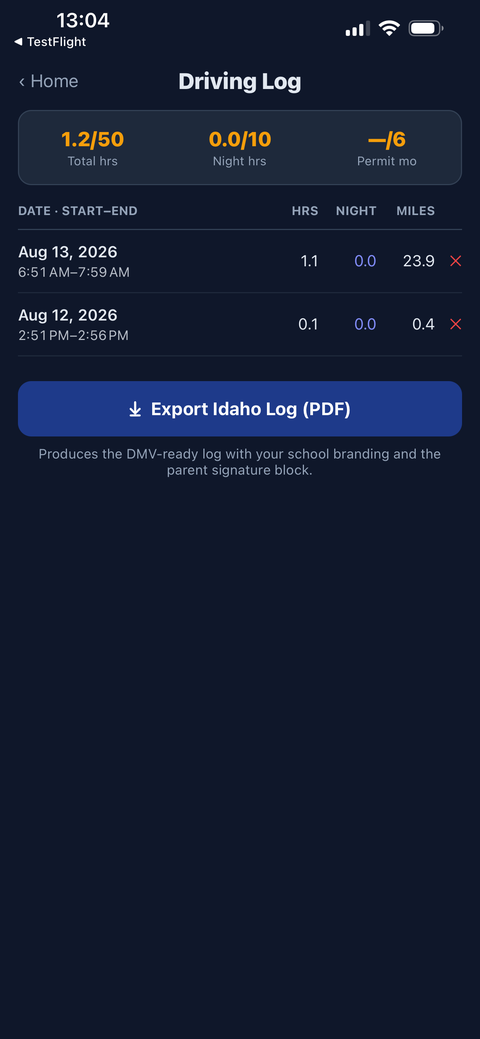 Driving log with a per-drive breakdown and an Export Idaho Log button