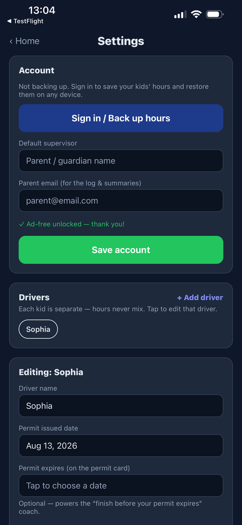 Settings screen with multiple drivers and cloud backup of hours